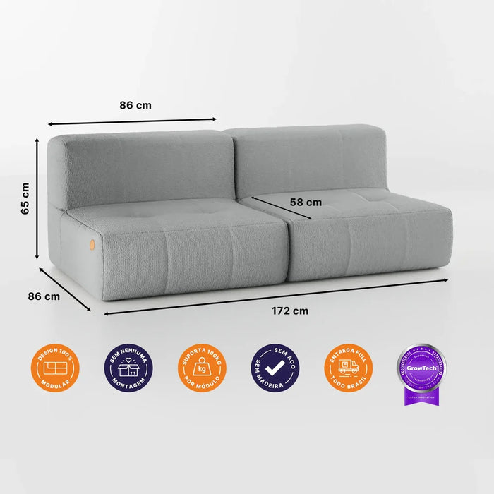 Sofá na Caixa modular 2 lugares em Boucle - 2 Poltronas com Apoio de pé - Cinza