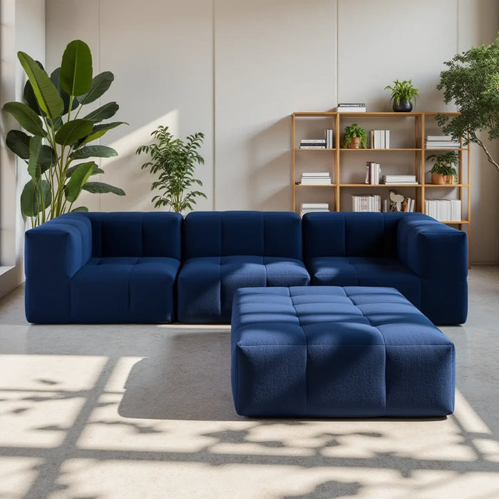 Sofá na Caixa modular 2 lugares em Boucle - 2 Poltronas com Apoio de pé - Azul
