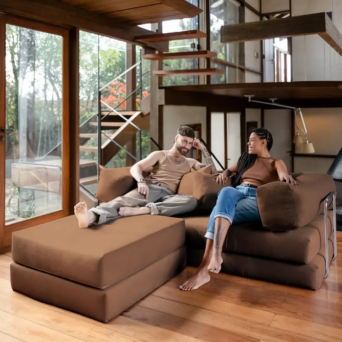 Sofá Cama Bloom - Sofá na Caixa + Apoio de Pé Bloom Tecido Boucle Marrom Grátis