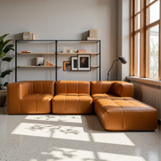 Sofá na Caixa modular 3 lugares Poli-Couro Marrom - 1 Braço com Chaise